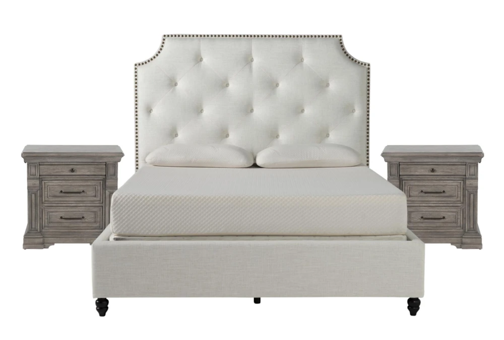 Sophia White II California King Upholstered Panel 3 Piece Bedroom Set With 2 Adriana Nightstands