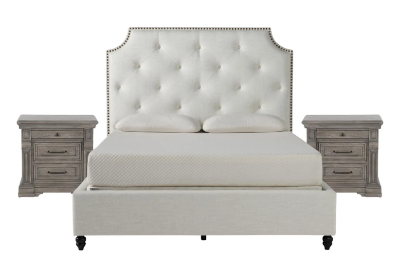 Sophia White II California King Upholstered Panel 3 Piece Bedroom Set With 2 Adriana Nightstands - 360