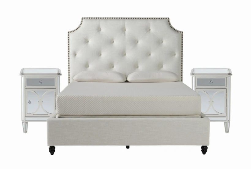 Sophia White II California King Upholstered Panel 3 Piece Bedroom Set With 2 Chelsea Nightstands - 360