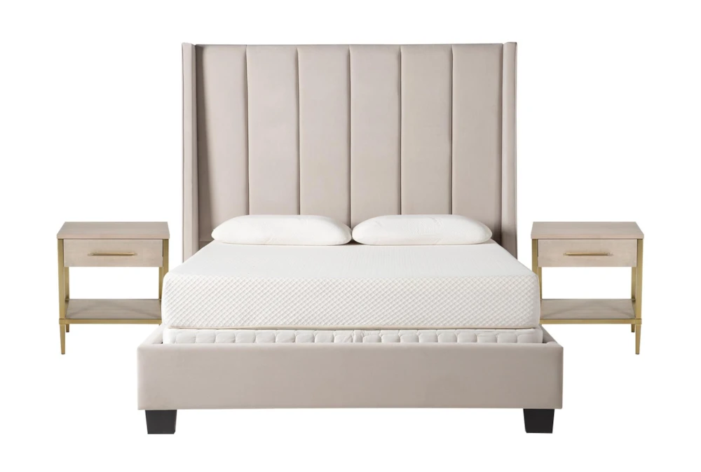 Topanga Grey California King Velvet Upholstered Panel 3 Piece Bedroom Set With 2 Camila Nightstands