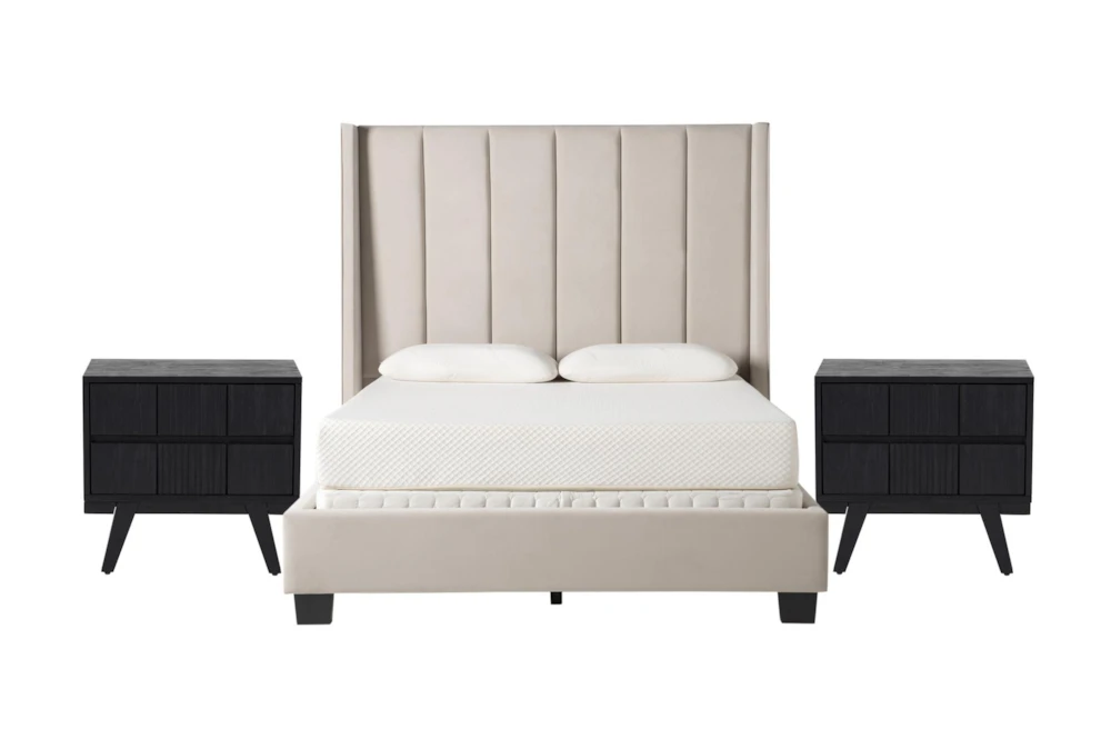 Topanga Grey California King Velvet Upholstered Panel 3 Piece Bedroom Set With 2 Joren Nightstands