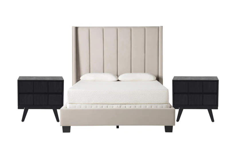 Topanga Grey California King Velvet Upholstered Panel 3 Piece Bedroom Set With 2 Joren Nightstands - 360