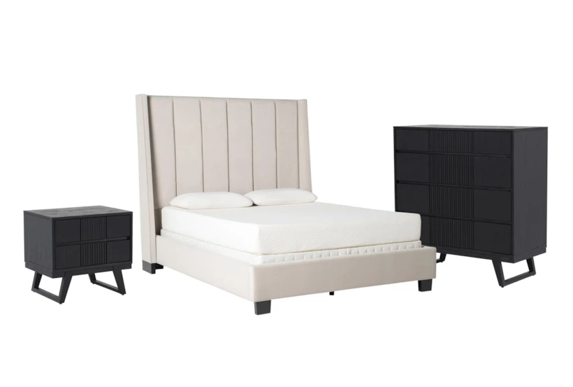 Topanga Grey California King Velvet Upholstered Panel 3 Piece Bedroom Set With Joren Chest Of Drawers + Nightstnd - 360