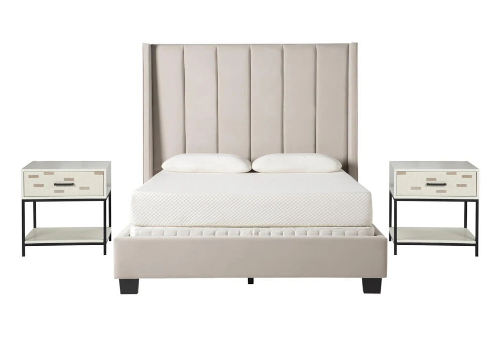 Topanga Grey California King Velvet Upholstered Panel 3 Piece Bedroom Set With 2 Elden II 1-Drawer Nightstands