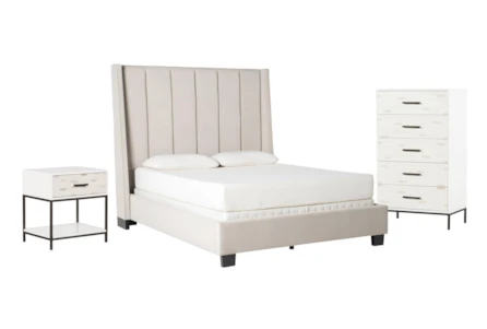 Topanga Grey California King Velvet Upholstered Panel 3 Piece Bedroom Set With Elden II Chest Of Drawers + 1-Drawer Nightstand