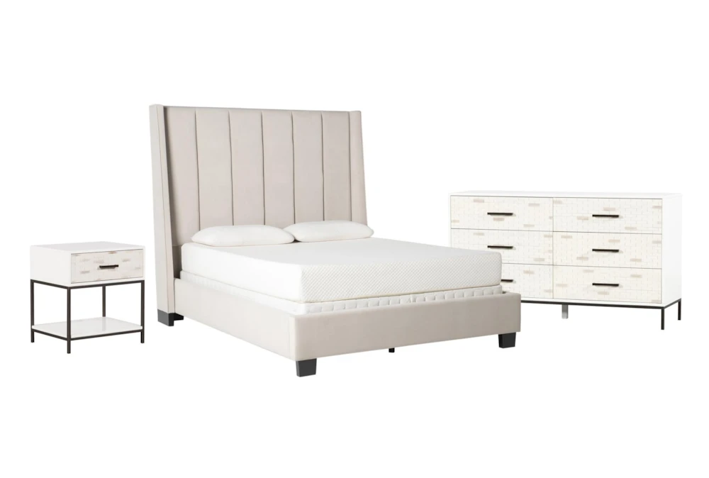 Topanga Grey California King Velvet Upholstered Panel 3 Piece Bedroom Set With Elden II Dresser + 1-Drawer Nightstand