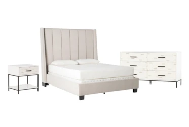 Topanga Grey California King Velvet Upholstered Panel 3 Piece Bedroom Set With Elden II Dresser + 1-Drawer Nightstand