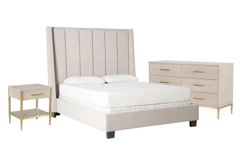 Topanga Grey King Velvet Upholstered Panel 3 Piece Bedroom Set With Camila Dresser + Nightstand - 360