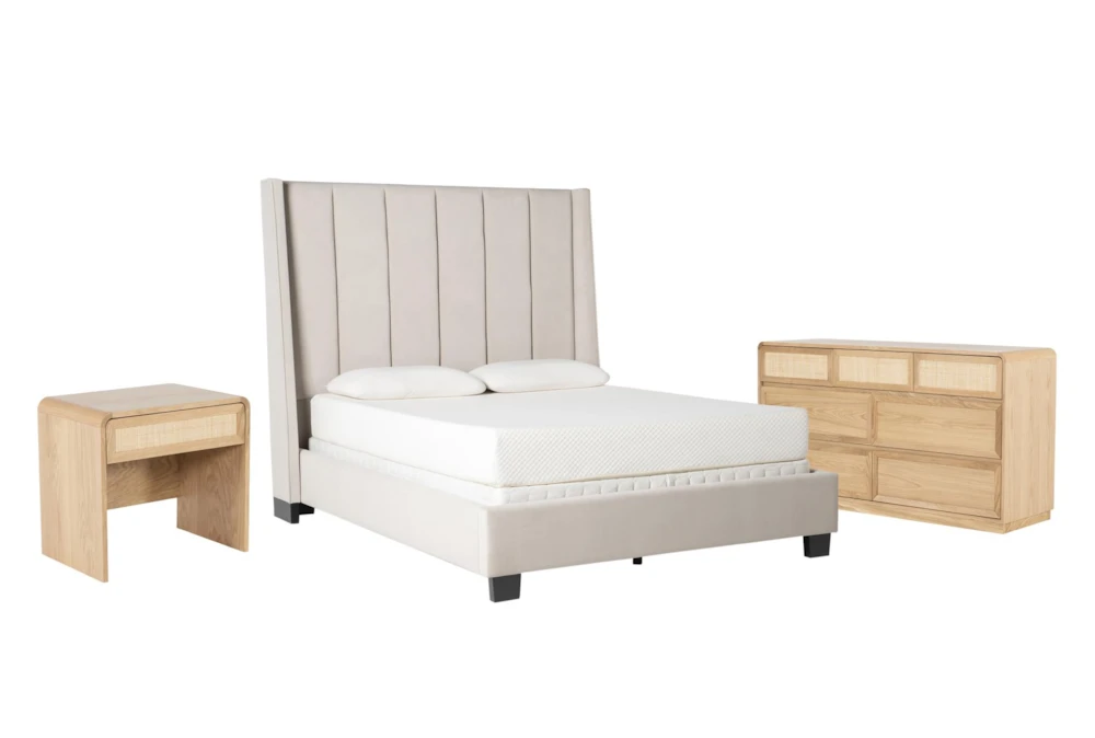 Topanga Grey King Velvet Upholstered Panel 3 Piece Bedroom Set With Canya Dresser + Nightstand