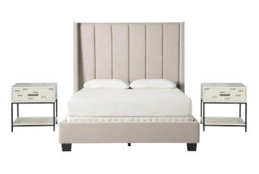 Topanga Grey King Velvet Upholstered Panel 3 Piece Bedroom Set With 2 Elden II 1-Drawer Nightstands