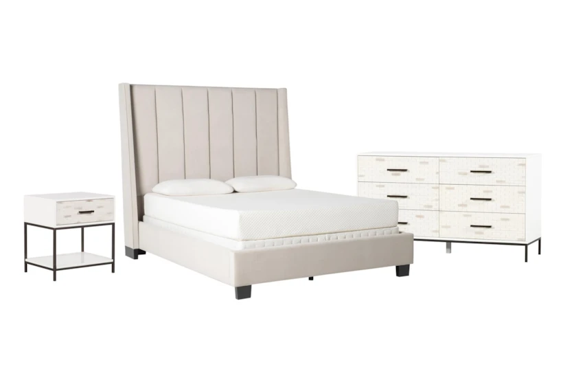 Topanga Grey King Velvet Upholstered Panel 3 Piece Bedroom Set With Elden II Dresser + 1-Drawer Nightstand - 360