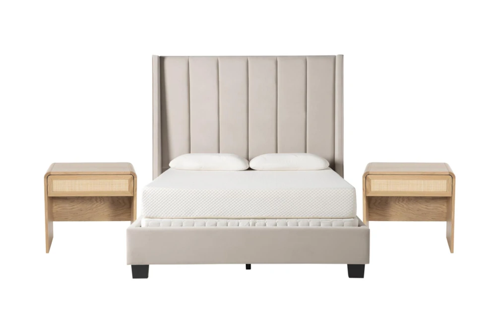 Topanga Grey Queen Velvet Upholstered Panel 3 Piece Bedroom Set With 2 Canya Nightstands