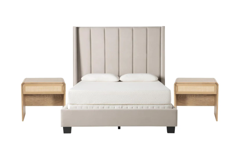 Topanga Grey Queen Velvet Upholstered Panel 3 Piece Bedroom Set With 2 Canya Nightstands - 360