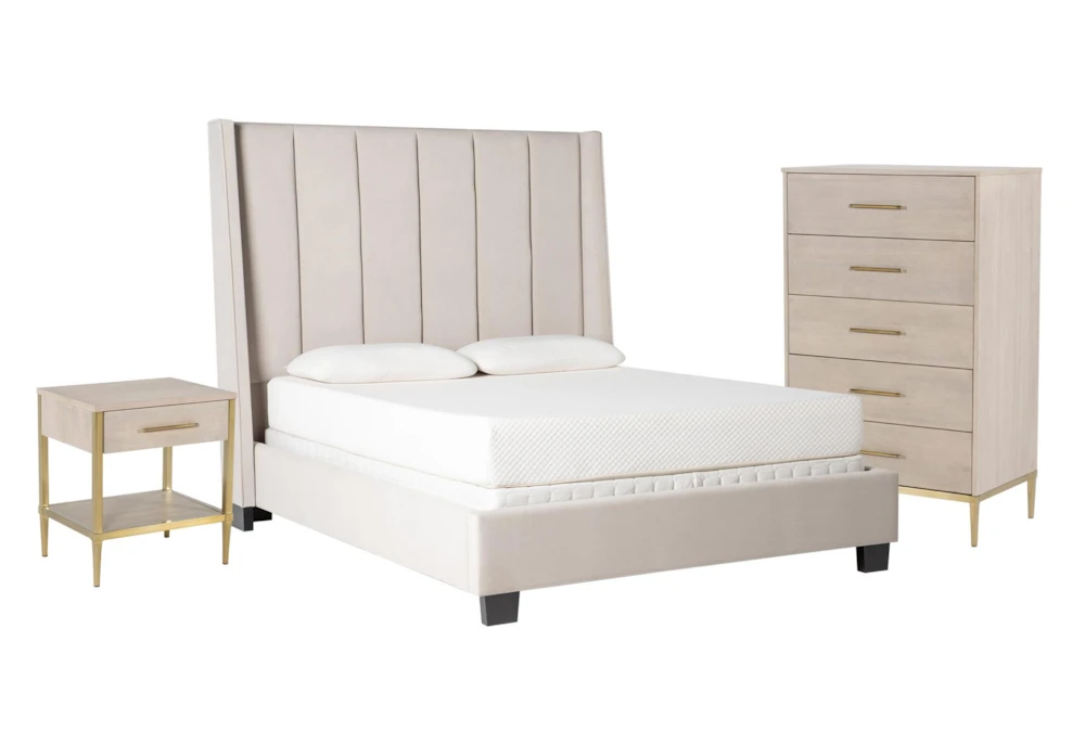 Topanga Grey Queen Velvet Upholstered Panel 3 Piece Bedroom Set With Camila Chest Of Drawers + Nightstnd