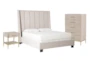 Topanga Grey Queen Velvet Upholstered Panel 3 Piece Bedroom Set With Camila Chest Of Drawers + Nightstnd - Signature
