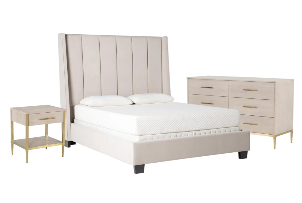 Topanga Grey Queen Velvet Upholstered Panel 3 Piece Bedroom Set With Camila Dresser + Nightstand