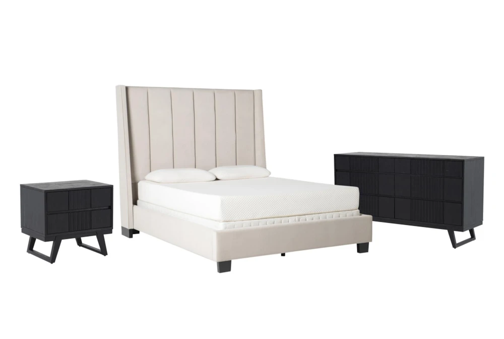 Topanga Grey Queen Velvet Upholstered Panel 3 Piece Bedroom Set With Joren Dresser + Nightstand