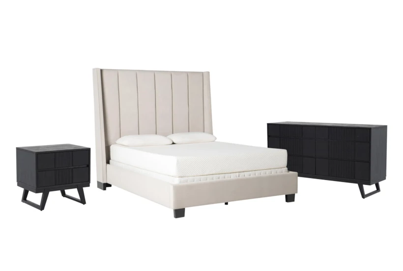 Topanga Grey Queen Velvet Upholstered Panel 3 Piece Bedroom Set With Joren Dresser + Nightstand - 360