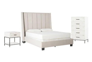 Topanga Grey Queen Velvet Upholstered Panel 3 Piece Bedroom Set With Elden II Chest Of Drawers + 1-Drawer Nightstand