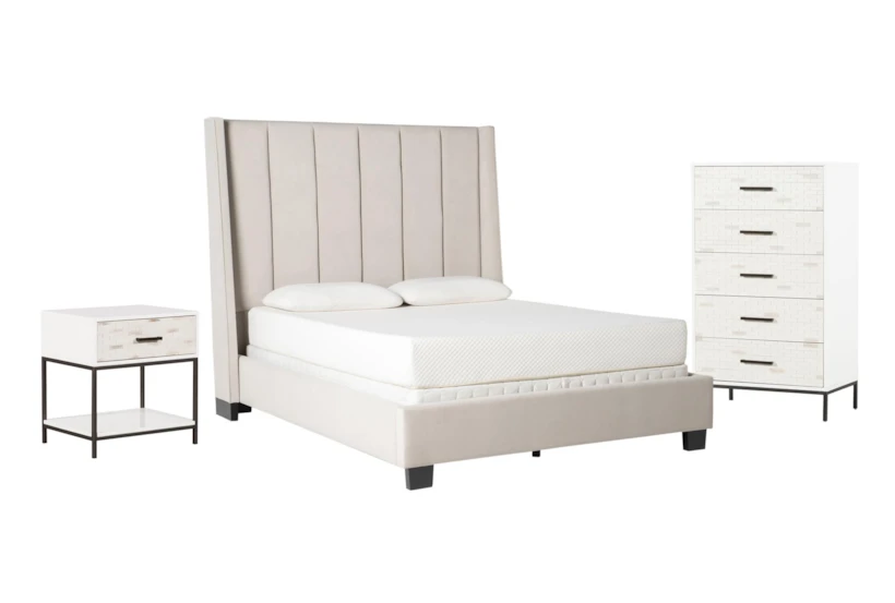 Topanga Grey Queen Velvet Upholstered Panel 3 Piece Bedroom Set With Elden II Chest Of Drawers + 1-Drawer Nightstand - 360