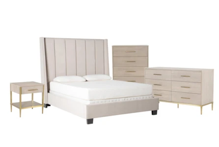 Topanga Grey California King Velvet Upholstered Panel 4 Piece Bedroom Set With Camila Dresser, Chest Of Drawers + Nightstand