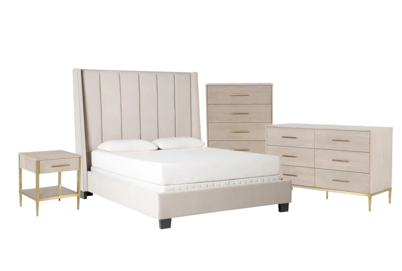 Topanga Grey California King Velvet Upholstered Panel 4 Piece Bedroom Set With Camila Dresser, Chest Of Drawers + Nightstand - 360