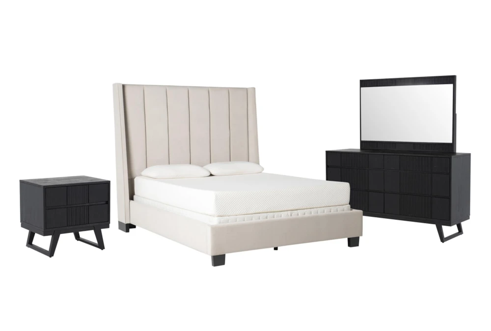 Topanga Grey California King Velvet Upholstered Panel 4 Piece Bedroom Set With Joren Dresser, Mirror + Nightstand