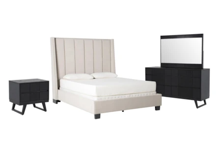Topanga Grey King Velvet Upholstered Panel 4 Piece Bedroom Set With Joren Dresser, Mirror + Nightstand