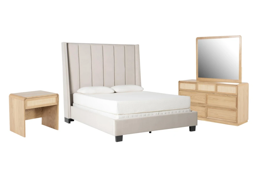 Topanga Grey Queen Velvet Upholstered Panel 4 Piece Bedroom Set With Canya Dresser, Mirror + Nightstand