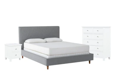 Dean Charcoal Full Upholstered Panel 3 Piece Bedroom Set With Larkin White Chest Of Drawers + Nightstand