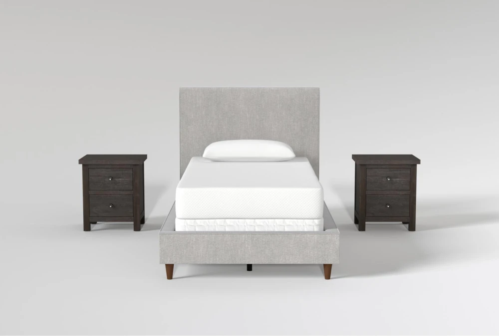 Dean Charcoal Twin Upholstered Panel 3 Piece Bedroom Set With 2 Larkin Espresso Nightstands