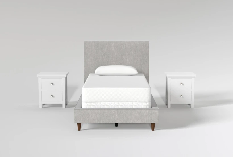 Dean Charcoal Twin Upholstered Panel 3 Piece Bedroom Set With 2 Larkin White Nightstands - 360