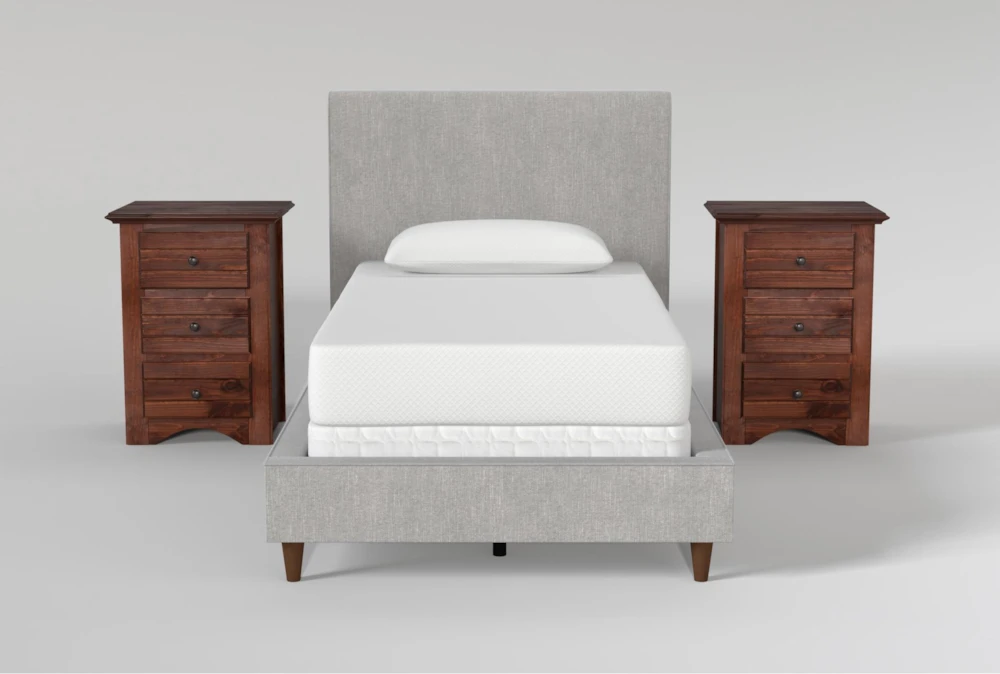 Dean Charcoal Twin Upholstered Panel 3 Piece Bedroom Set With 2 Sedona Nightstands