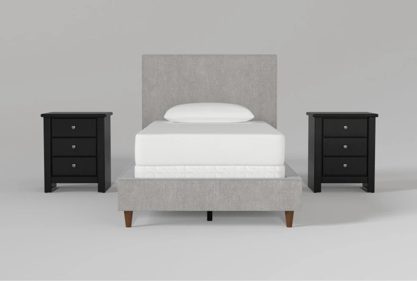 Dean Charcoal Twin Upholstered Panel 3 Piece Bedroom Set With 2 Summit Black Nightstands - 360