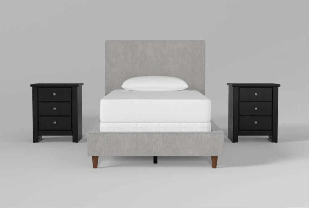 Dean Charcoal Twin Upholstered Panel 3 Piece Bedroom Set With 2 Summit Black Nightstands