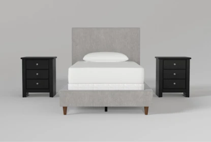 Dean Charcoal Twin Upholstered Panel 3 Piece Bedroom Set With 2 Summit Black Nightstands - Signature