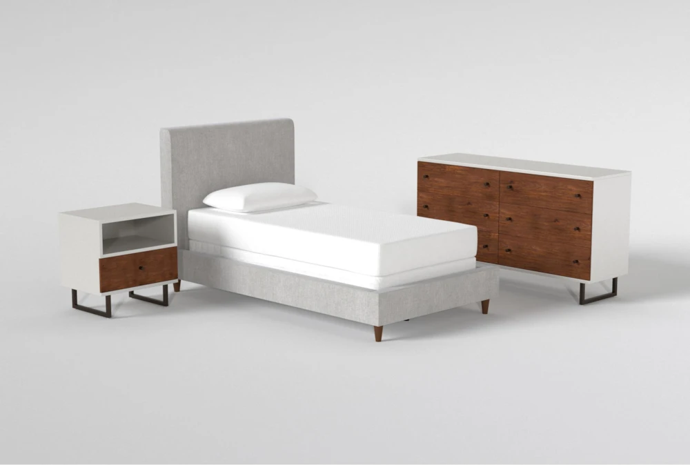 Dean Charcoal Twin Upholstered Panel 3 Piece Bedroom Set With Clark Dresser + 1-Drawer Nightstand