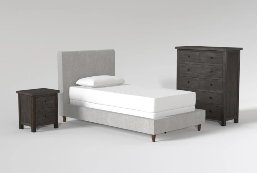 Dean Charcoal Twin Upholstered Panel 3 Piece Bedroom Set With Larkin Espresso Chest Of Drawers + Nightstand - 360