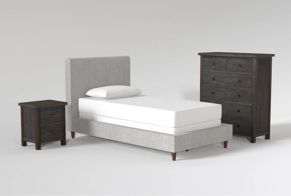 Dean Charcoal Twin Upholstered Panel 3 Piece Bedroom Set With Larkin Espresso Chest Of Drawers + Nightstand
