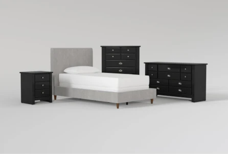 Dean Charcoal Twin Upholstered Panel 4 Piece Bedroom Set With Summit Black Dresser, Chest Of Drawers + Nightstand