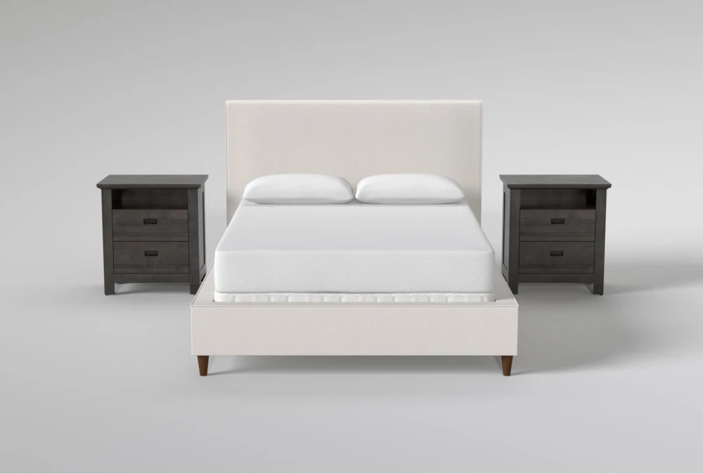 Dean Sand Full Upholstered Panel 3 Piece Bedroom Set With 2 Owen Grey Nightstands