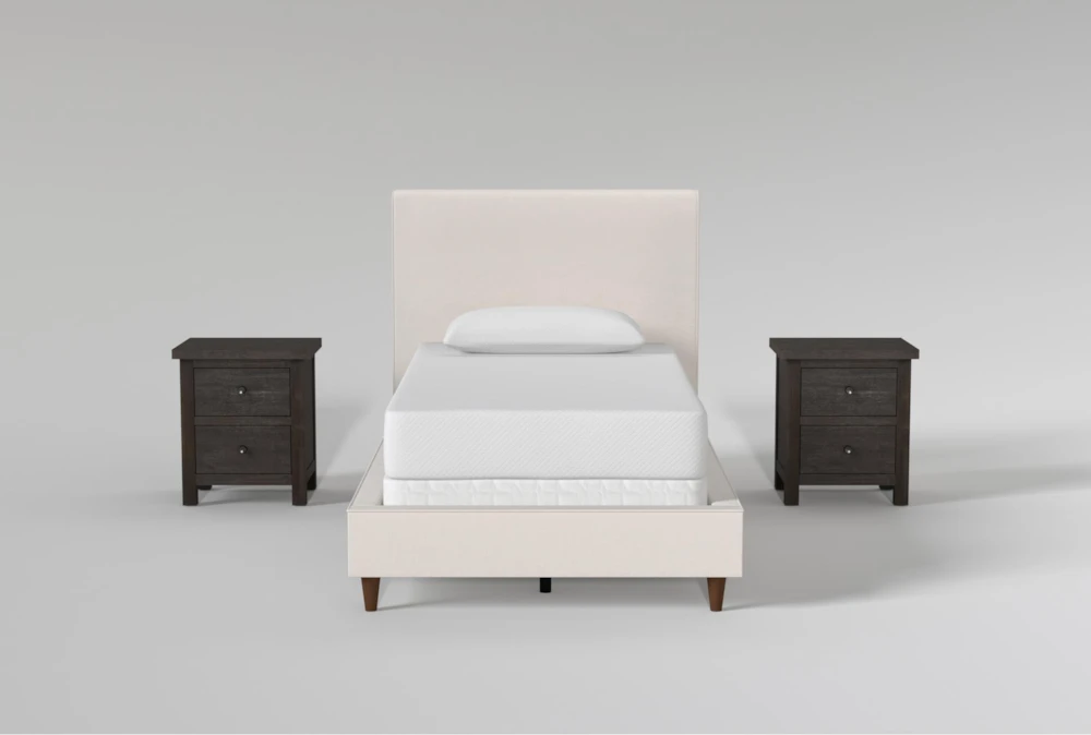 Dean Sand Twin Upholstered Panel 3 Piece Bedroom Set With 2 Larkin Espresso Nightstands