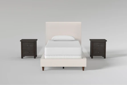 Dean Sand Twin Upholstered Panel 3 Piece Bedroom Set With 2 Larkin Espresso Nightstands