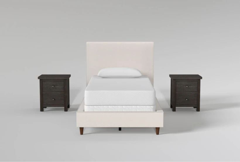 Dean Sand Twin Upholstered Panel 3 Piece Bedroom Set With 2 Larkin Espresso Nightstands - 360