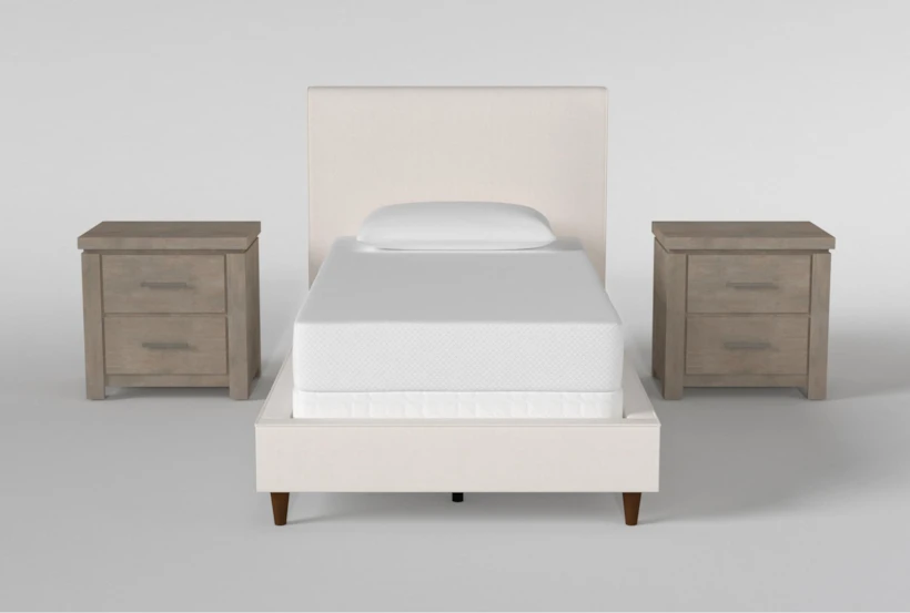 Dean Sand Twin Upholstered Panel 3 Piece Bedroom Set With 2 Morgan Nightstands - 360