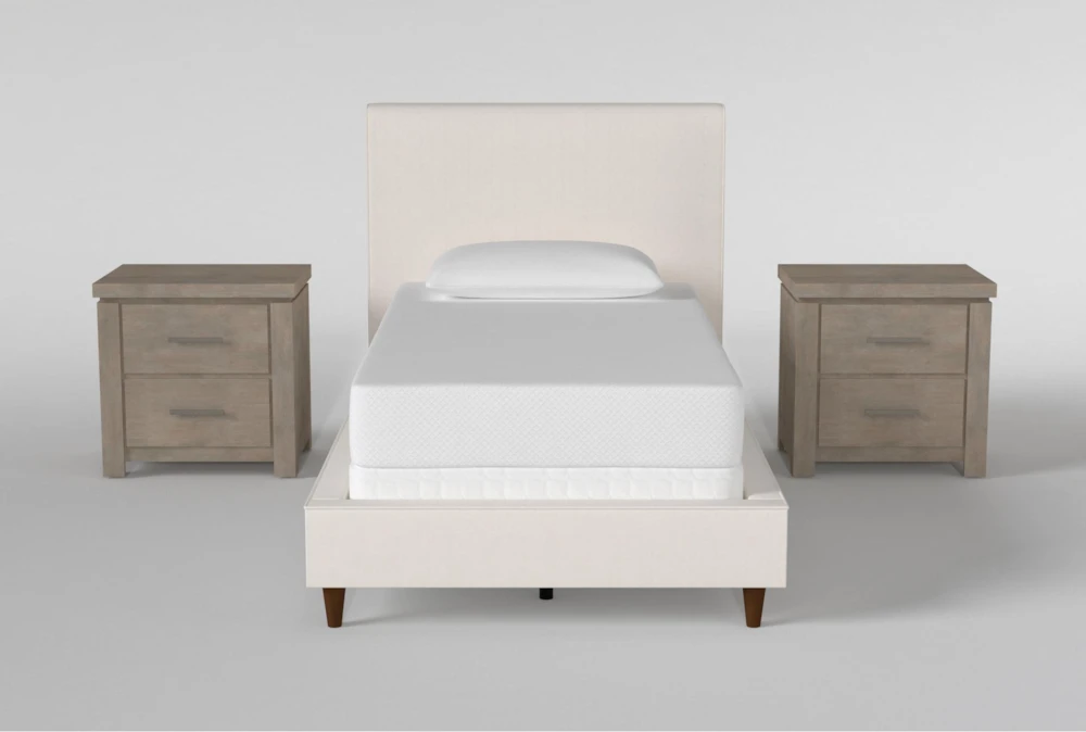 Dean Sand Twin Upholstered Panel 3 Piece Bedroom Set With 2 Morgan Nightstands