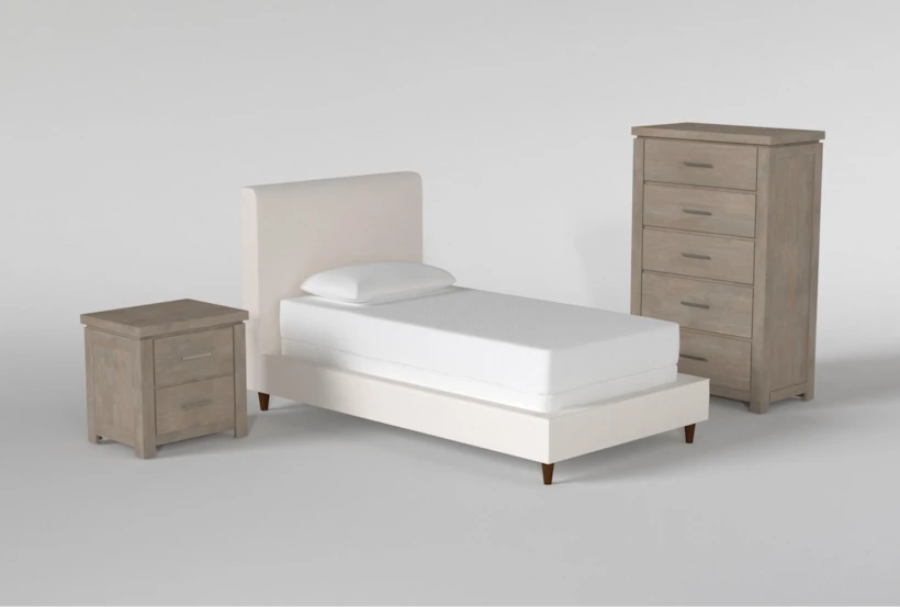 Dean Sand Twin Upholstered Panel 3 Piece Bedroom Set With Morgan Chest Of Drawers + Nightstand - 360