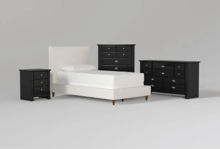 Dean Sand Twin Upholstered Panel 4 Piece Bedroom Set With Summit Black Dresser, Chest Of Drawers + Nightstand