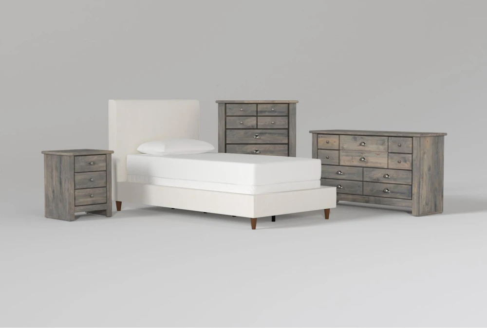 Dean Sand Twin Upholstered Panel 4 Piece Bedroom Set With Summit Grey Dresser, Chest Of Drawers + Nightstand