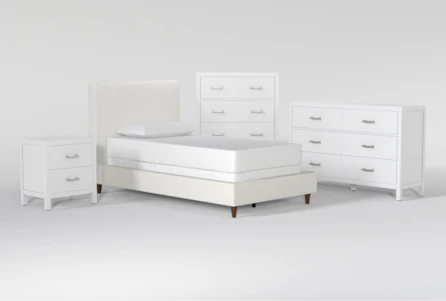 Dean Sand Twin Upholstered Panel 4 Piece Bedroom Set With Reese White Dresser, Chest Of Drawers + Nightstand